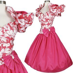 Vintage 80s Pink White Taffeta Hawaiian Tropical Floral Print Prom Party Dress S